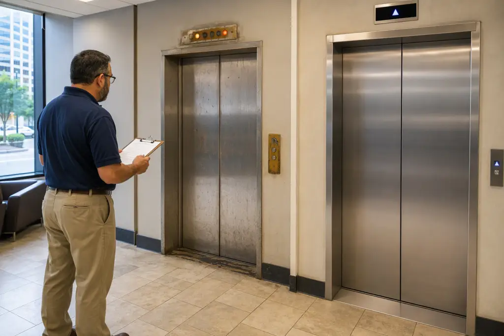 Facilities manager comparing an aging commercial elevator with a modernized unit in a Houston office building lobby, evaluating repair or replace decision