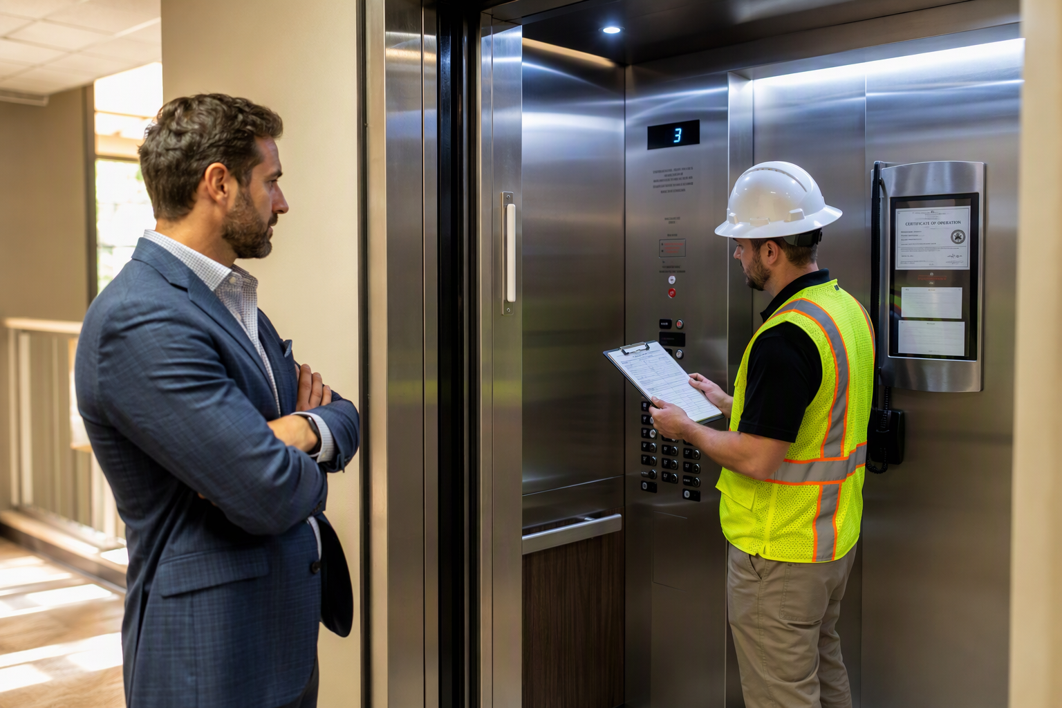 Elevator inspector reviewing ASME A17.3 compliance checklist inside a commercial elevator cab in Austin, Texas, with a building manager observing