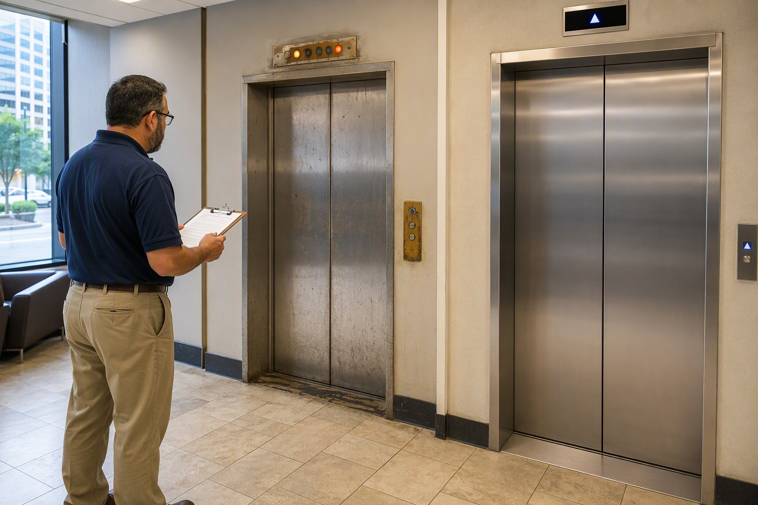 Facilities manager comparing an aging commercial elevator with a modernized unit in a Houston office building lobby, evaluating repair or replace decision