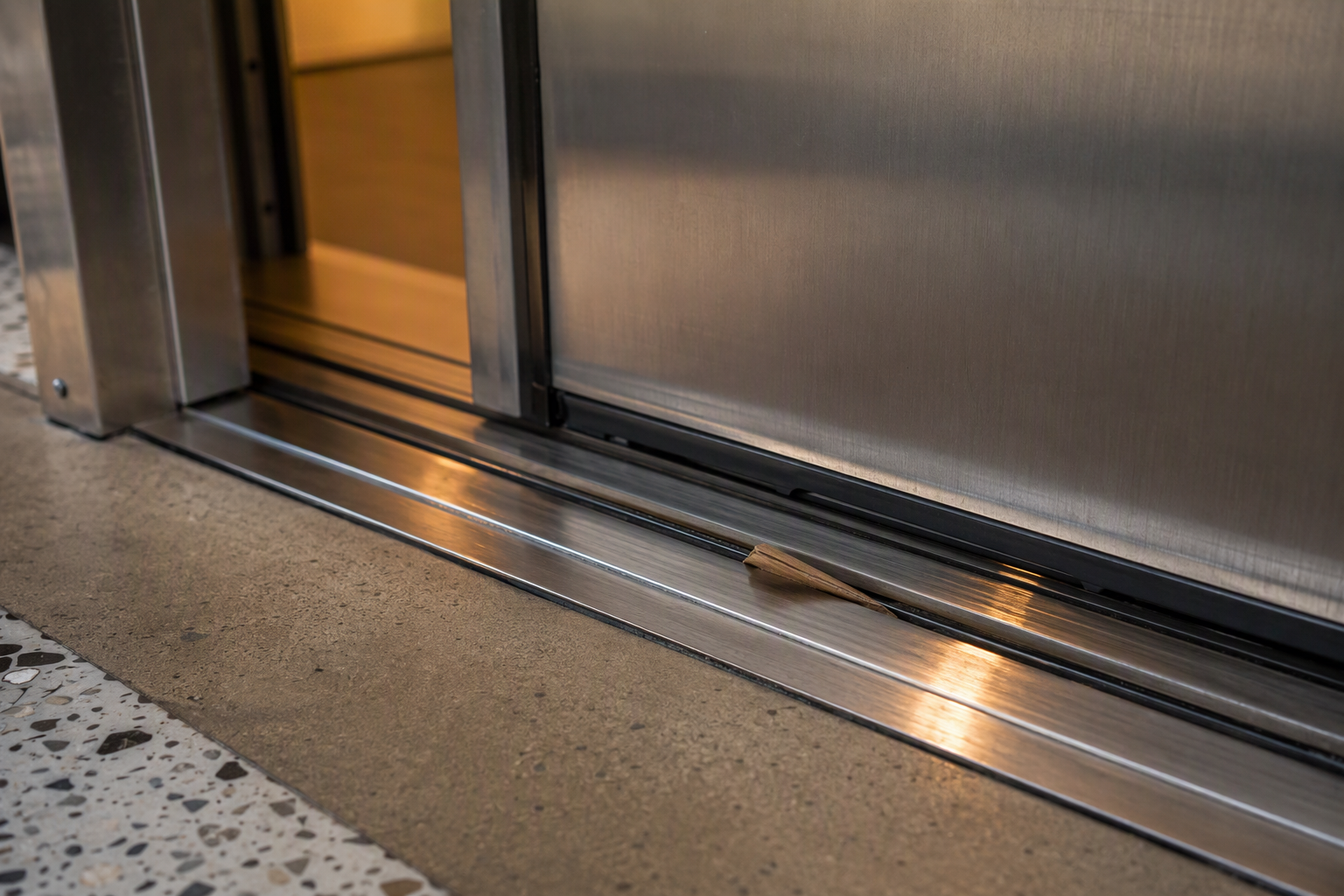 Close-up of a commercial elevator door threshold with a debris obstruction in the sill track, a common elevator problem building staff can safely clear