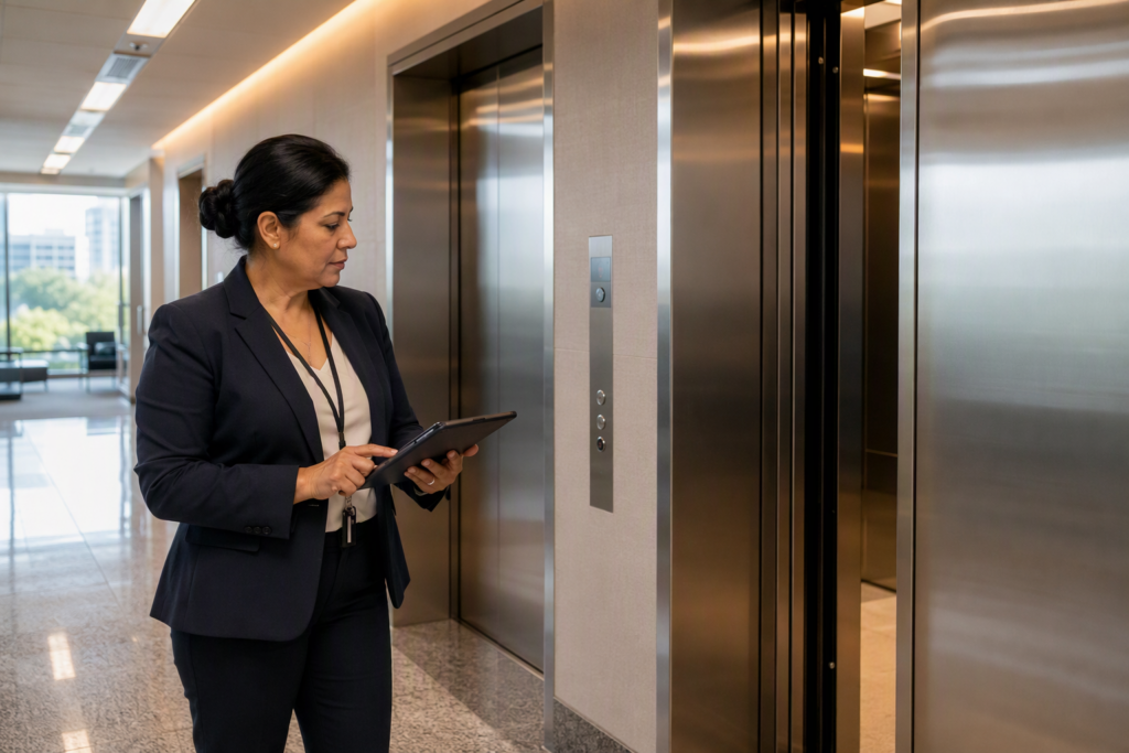 Building manager reviewing elevator troubleshooting checklist on tablet in front of a commercial elevator bank in a Houston office building