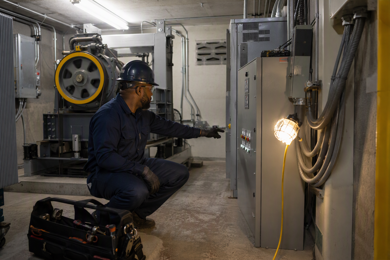 Certified elevator technician inspecting a traction elevator controller in a machine room during an emergency repair call in Los Angeles
