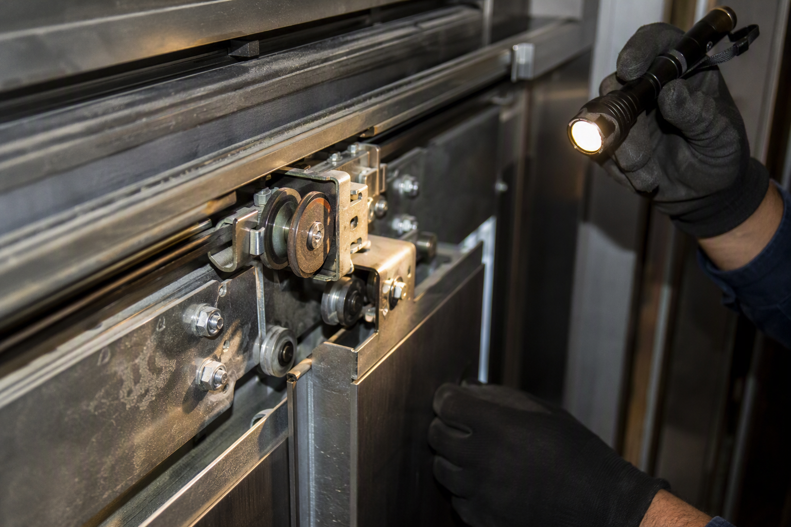 Close-up of worn elevator door hanger rollers and clutch mechanism being inspected — door malfunctions are a high-risk early sign an elevator needs maintenance