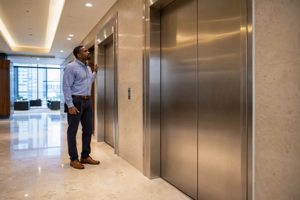 Building manager listening for unusual elevator noises in a Houston office lobby — an early warning sign an elevator needs maintenance before breakdown