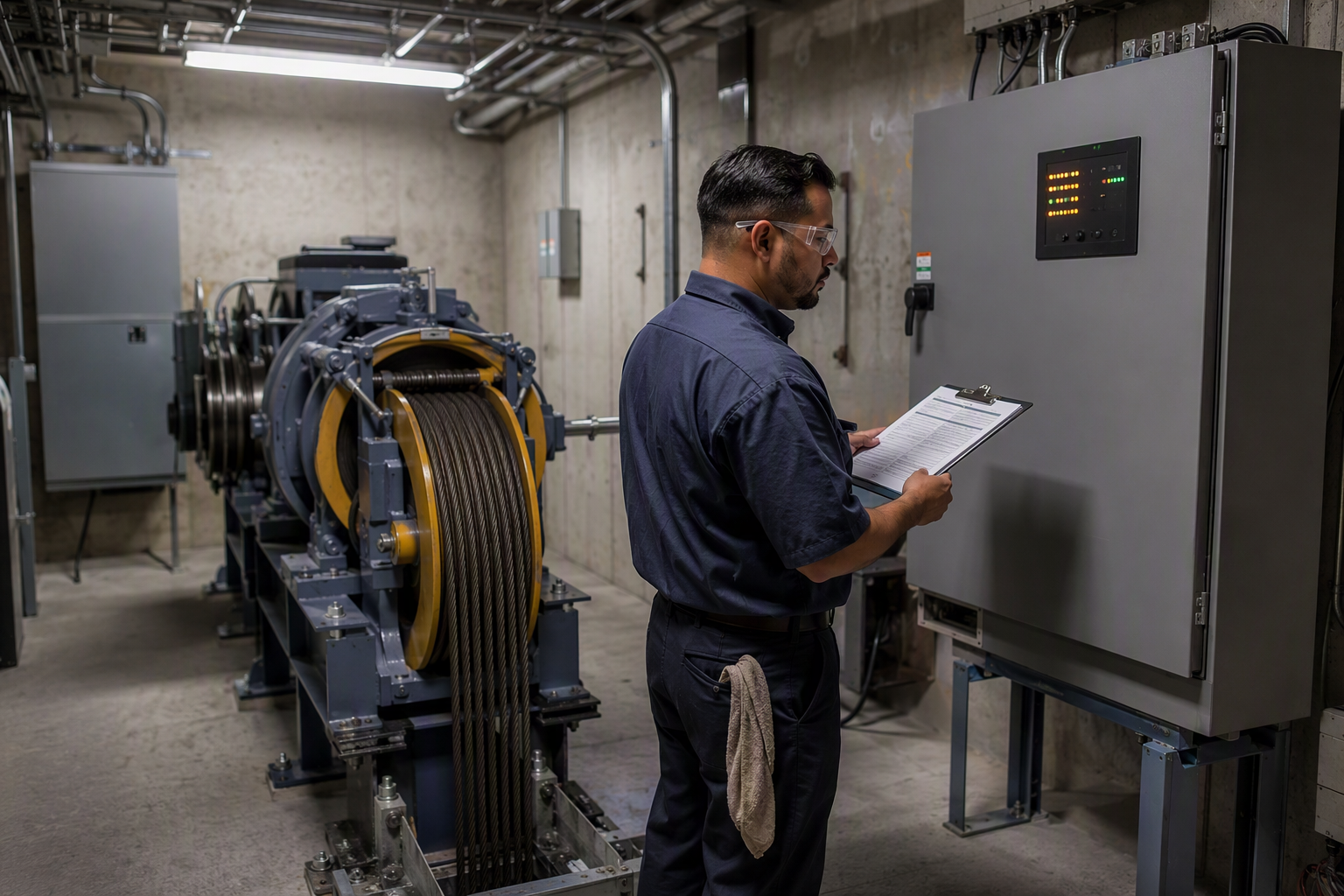 Elevator technician reviewing fault code logs on a controller cabinet in a Dallas machine room — diagnostic data reveals pre-failure warning signs before elevator breakdown