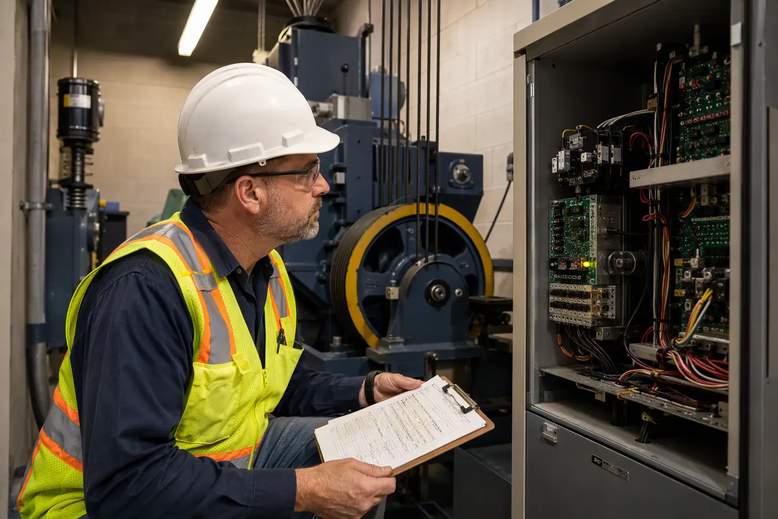 Licensed elevator inspector reviewing controller panel inside a Texas healthcare building machine room during a periodic ASME A17.1 safety inspection