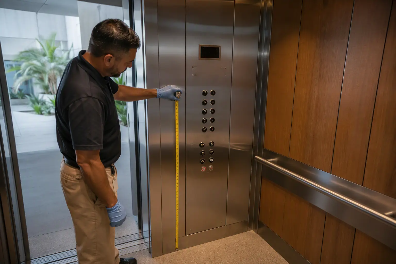 ADA-compliant elevator control panel inside a California healthcare facility cab showing Braille buttons, tactile indicators, and handrail during compliance inspection