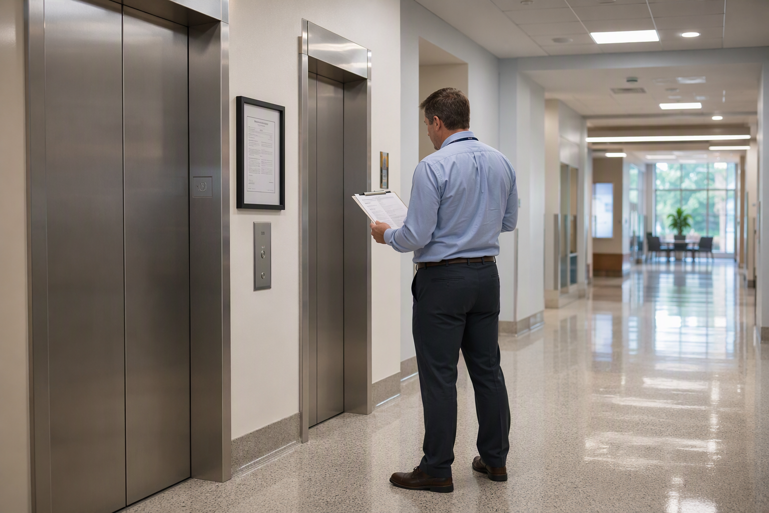 Hospital elevator lobby in Texas with stainless-steel doors, TDI inspection certificate on wall, and facility manager reviewing compliance checklist