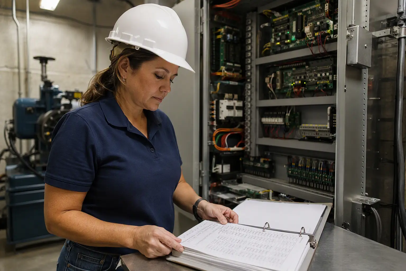 Facilities manager reviewing elevator service call log records in a Dallas machine room, used to track annual breakdown frequency and identify recurring fault patterns.