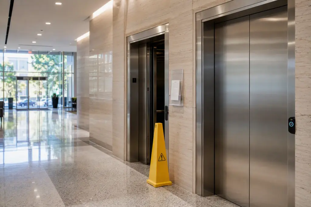 Commercial elevator lobby in Houston showing one out-of-service unit with a caution cone, illustrating how often elevator breakdowns occur per year in typical office buildings.