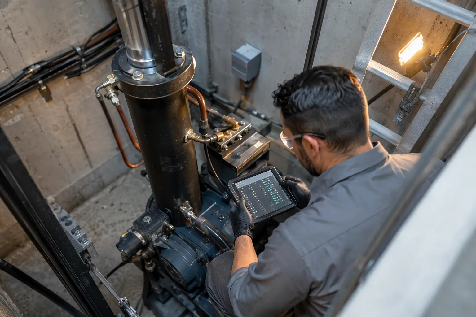Elevator technician using a diagnostic tablet to inspect hydraulic power unit during a breakdown service call, helping determine if repeated failures warrant modernization.
