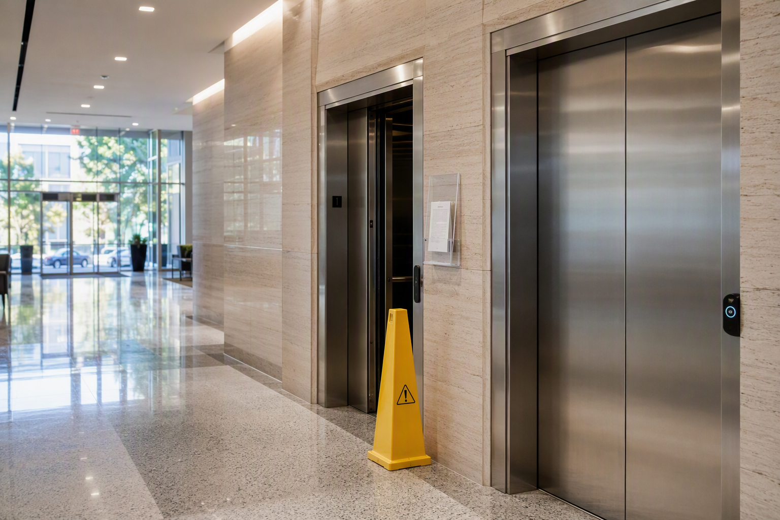Commercial elevator lobby in Houston showing one out-of-service unit with a caution cone, illustrating how often elevator breakdowns occur per year in typical office buildings.