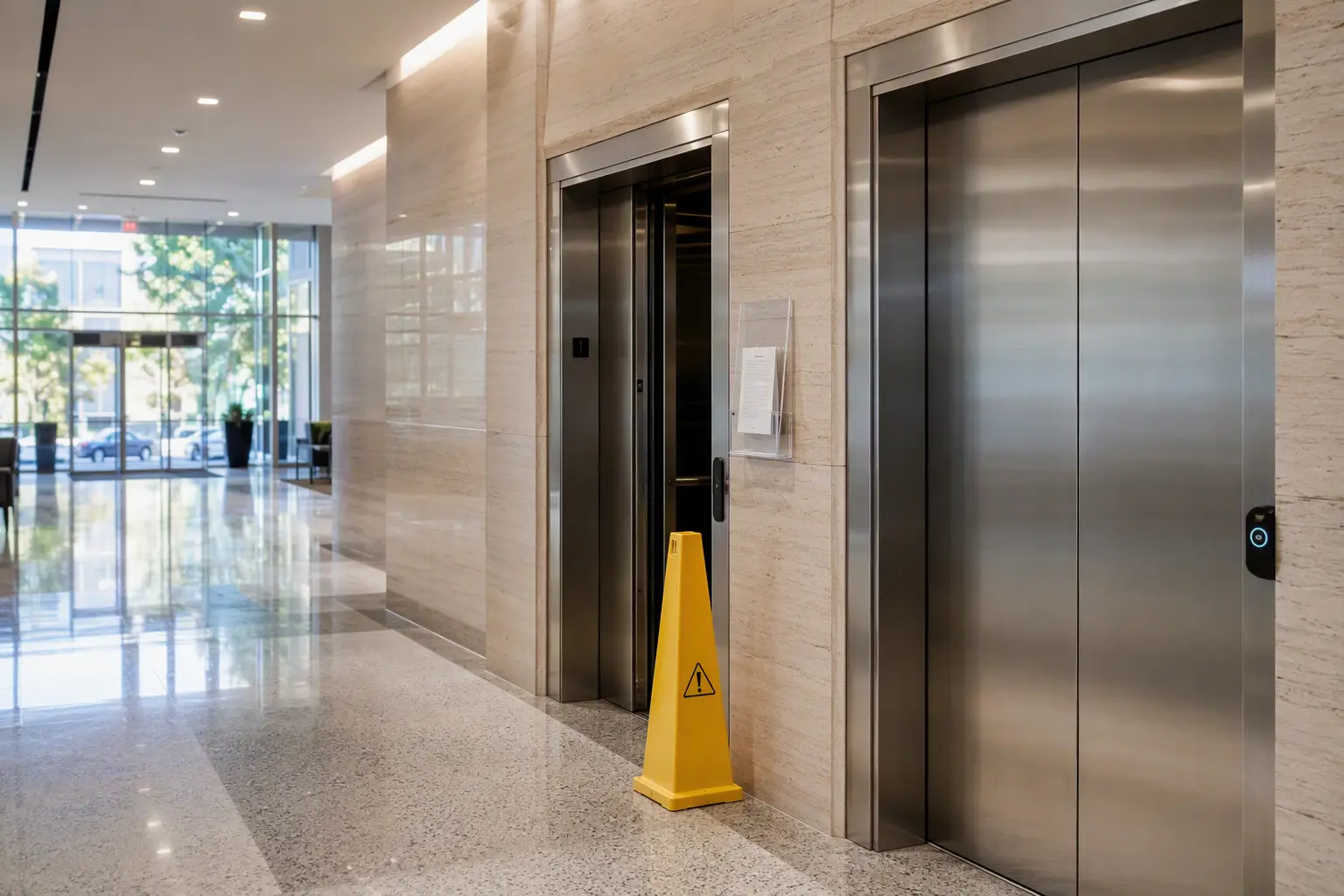 Commercial elevator lobby in Houston showing one out-of-service unit with a caution cone, illustrating how often elevator breakdowns occur per year in typical office buildings.