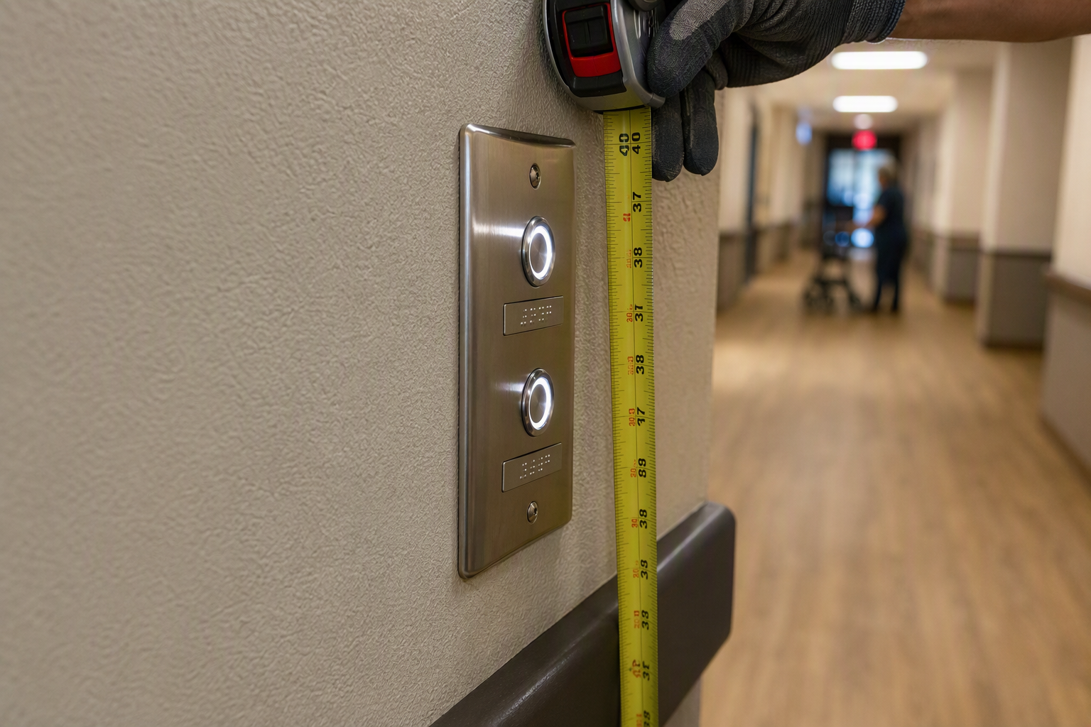 Inspector measuring ADA-compliant call button height on an elevator panel inside a senior living facility to verify federal ASME A17.1 and ADA compliance