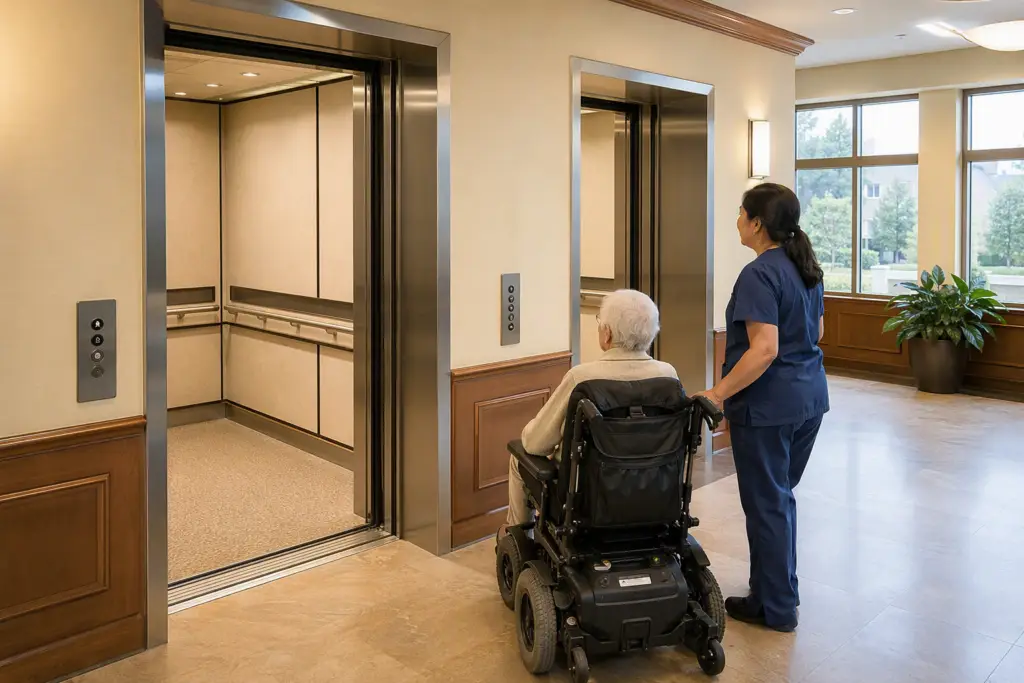 ADA-compliant elevator lobby in a senior assisted living facility showing accessible cab dimensions, handrails, and call buttons at wheelchair-accessible height