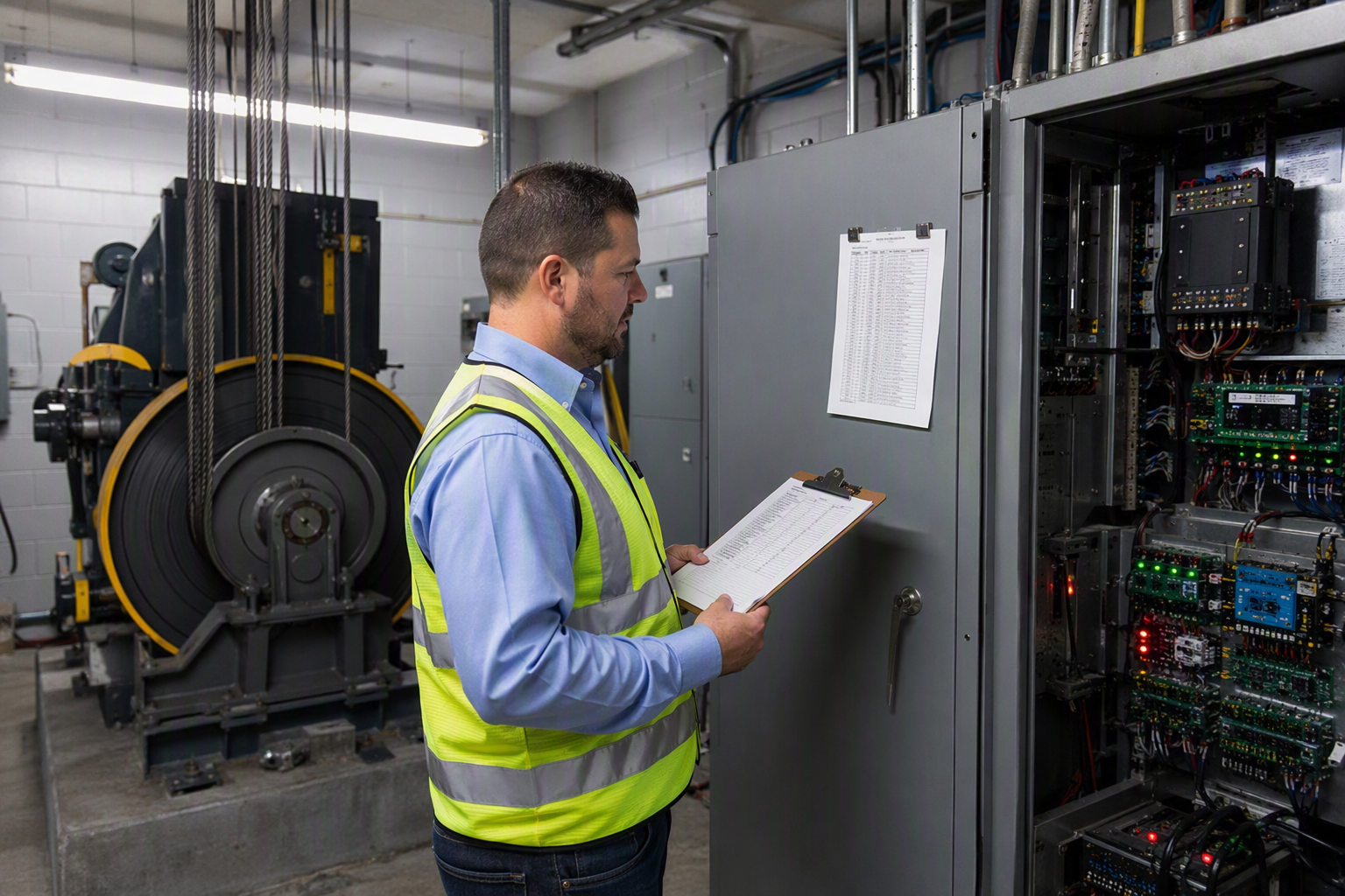 Licensed elevator inspector reviewing ASME A17.1 inspection documentation in a senior living facility machine room in Los Angeles California