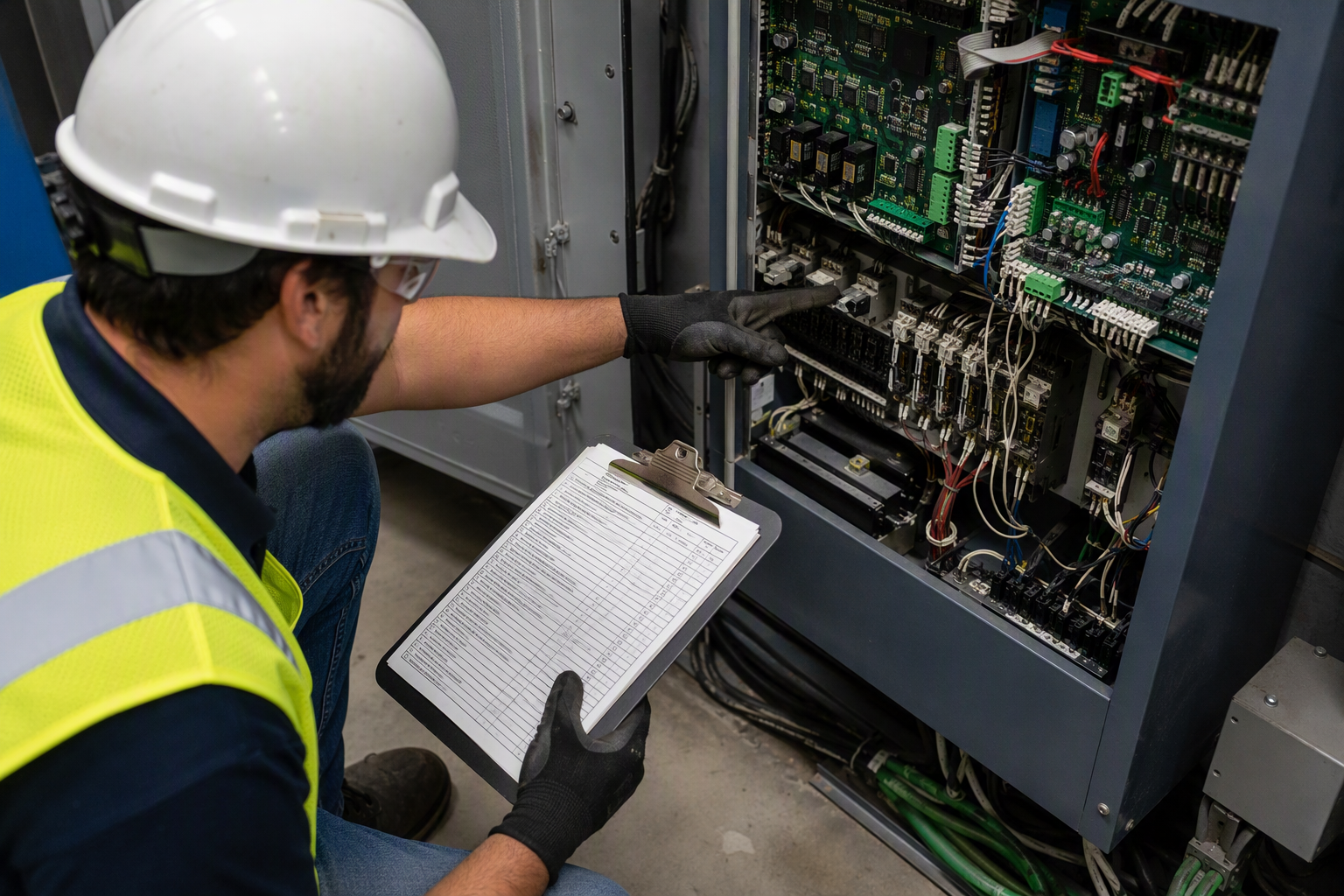 Licensed elevator inspector reviewing ASME A17.3 compliance checklist beside a traction elevator controller in a Texas apartment building machine room