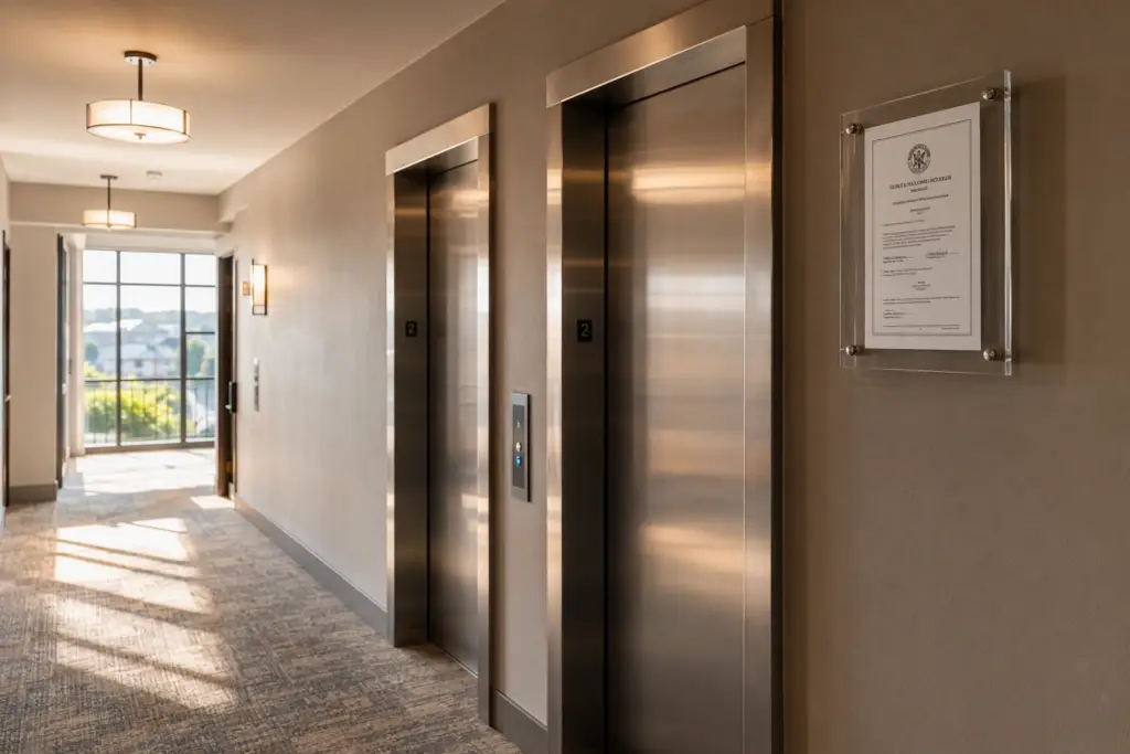 Texas apartment building elevator lobby showing two stainless-steel elevator doors and a posted Certificate of Inspection required under the Texas Elevator Safety Act