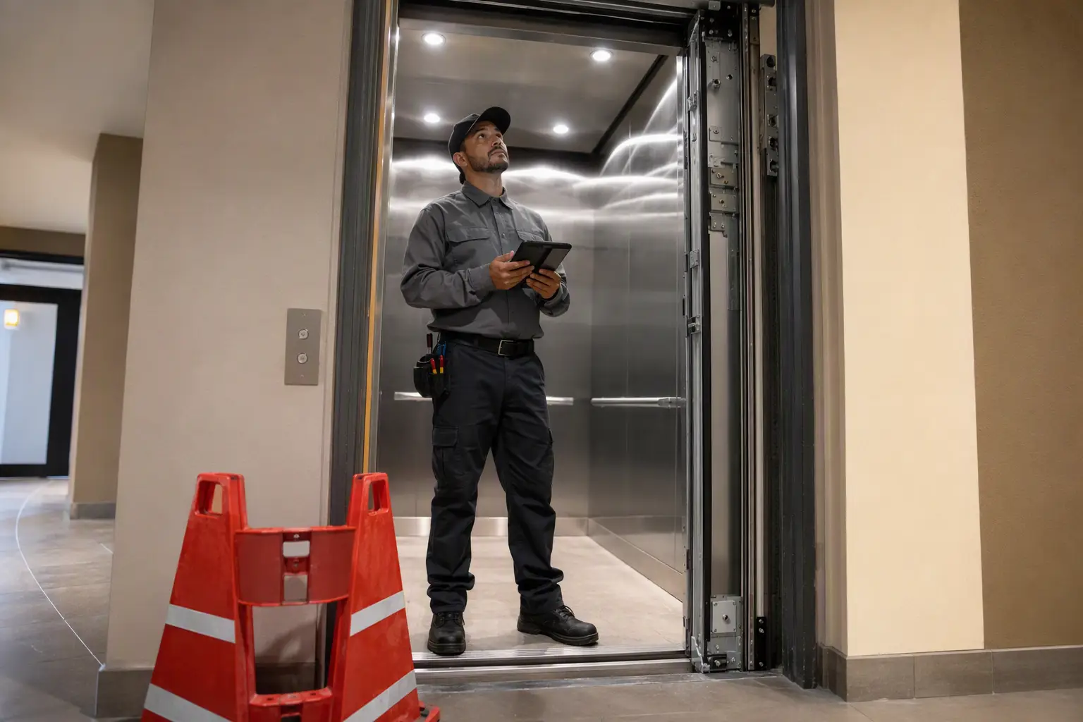 Elevator maintenance technician logging annual inspection service on a tablet outside an open elevator cab in a San Antonio Texas apartment building