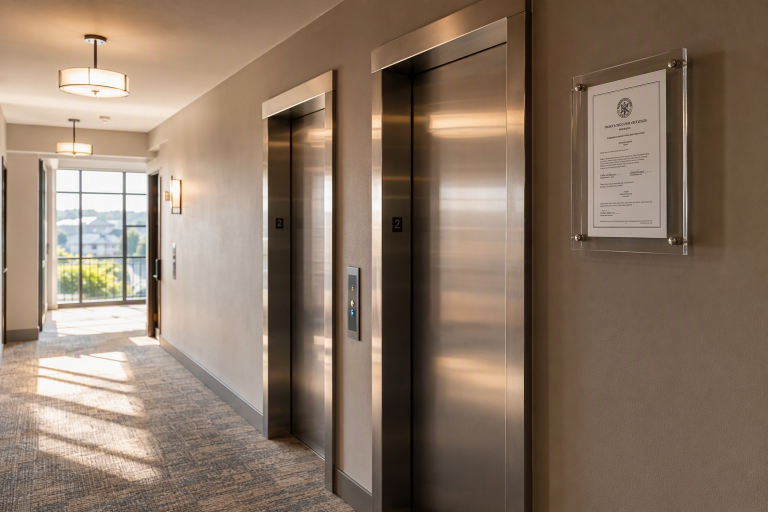 Texas apartment building elevator lobby showing two stainless-steel elevator doors and a posted Certificate of Inspection required under the Texas Elevator Safety Act