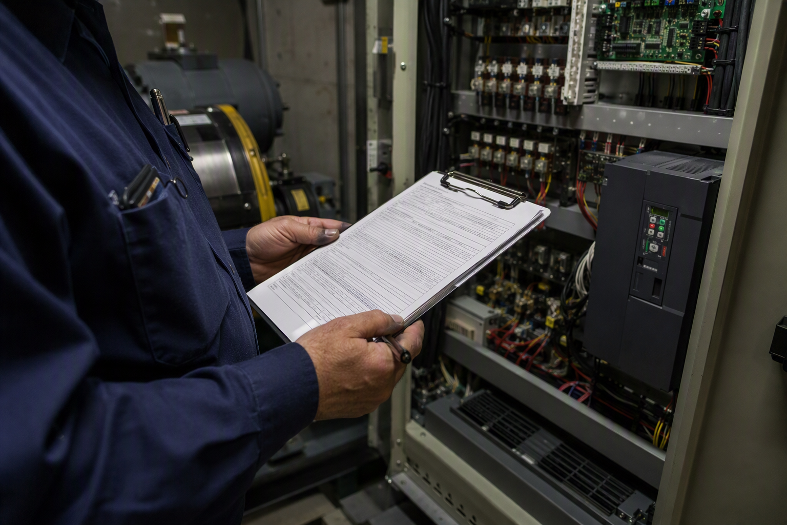 Elevator inspector reviewing inspection documentation beside a traction elevator controller in a California hotel machine room, per Cal/OSHA periodic inspection requirements.