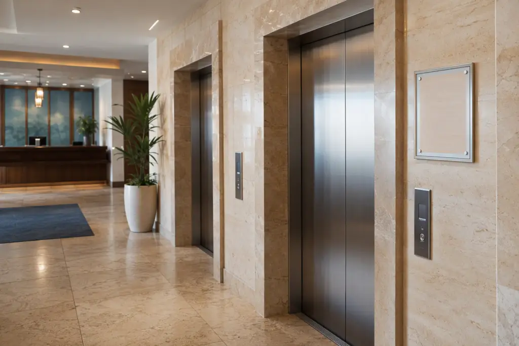 California hotel lobby with two stainless elevator doors and a Cal/OSHA Permit to Operate posted beside the call panel, illustrating state hotel elevator inspection requirements.