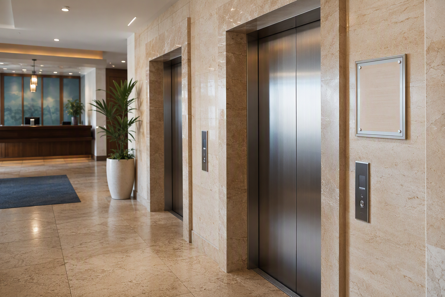 California hotel lobby with two stainless elevator doors and a Cal/OSHA Permit to Operate posted beside the call panel, illustrating state hotel elevator inspection requirements.