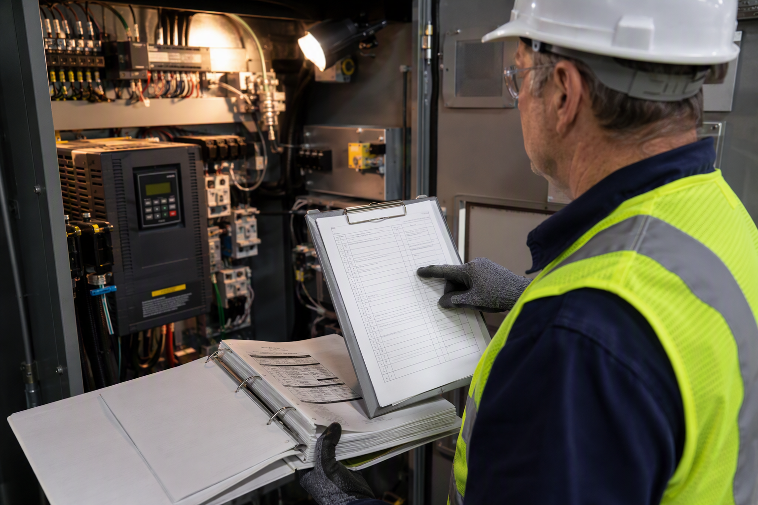 Licensed elevator inspector reviewing ASME A17.1 compliance checklist beside an open machine-room controller in a hospital facility in Texas or California.