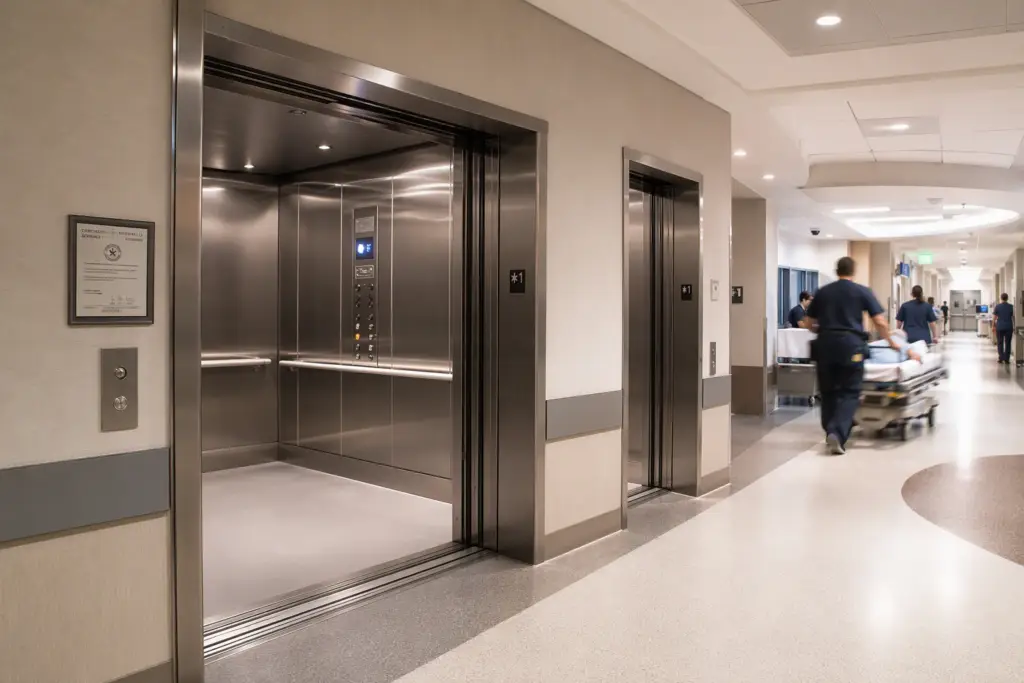Hospital elevator lobby in a Texas medical center showing wide gurney-accessible cab doors, tactile control panel, and Certificate of Compliance placard on the wall.