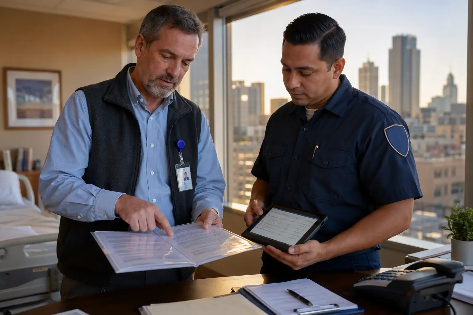 Hospital facility manager and elevator service technician reviewing a maintenance compliance contract and digital service log in a Texas healthcare administrative office.