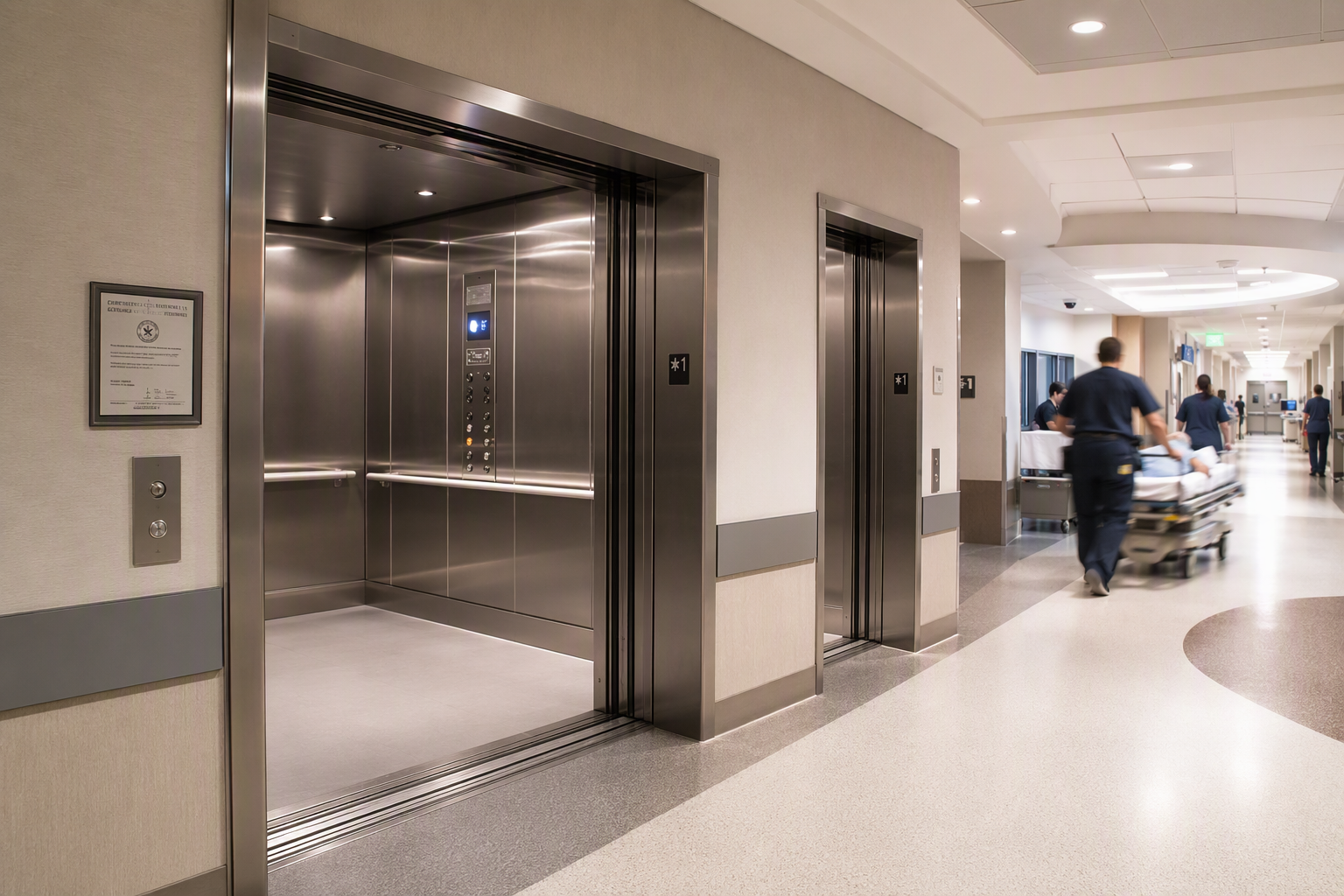 Hospital elevator lobby in a Texas medical center showing wide gurney-accessible cab doors, tactile control panel, and Certificate of Compliance placard on the wall.