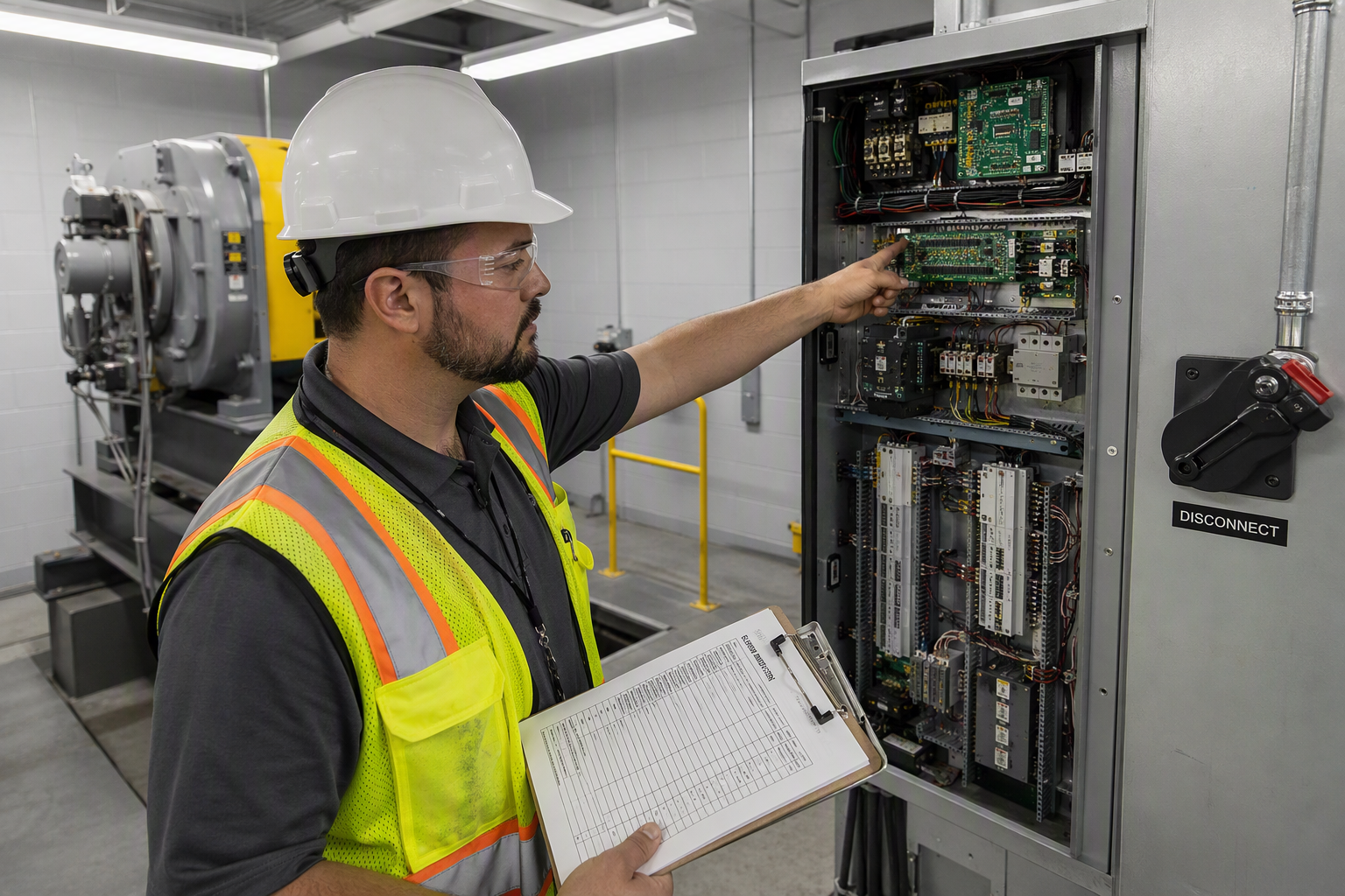 TDI-licensed elevator inspector reviewing a hospital elevator controller in a Texas machine room, representing state-specific annual inspection requirements for healthcare facilities.