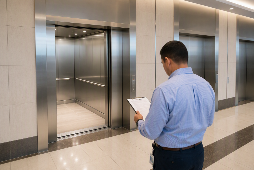 Hospital elevator lobby in a Texas medical center showing stainless-steel elevator doors and a facility manager reviewing elevator inspection documentation, illustrating healthcare elevator compliance