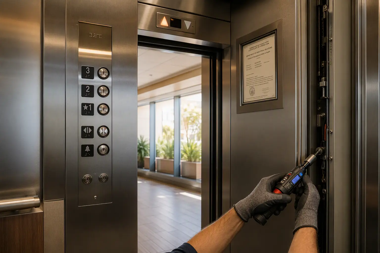 California hospital elevator cab interior showing ADA-compliant Braille control panel, posted inspection certificate, and a technician performing Cal/OSHA-compliant door operator maintenance.