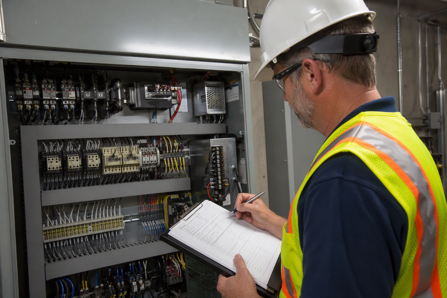 Licensed elevator inspector reviewing inspection documentation beside a hotel elevator controller panel, as required by Texas TDI and California Cal/OSHA regulations
