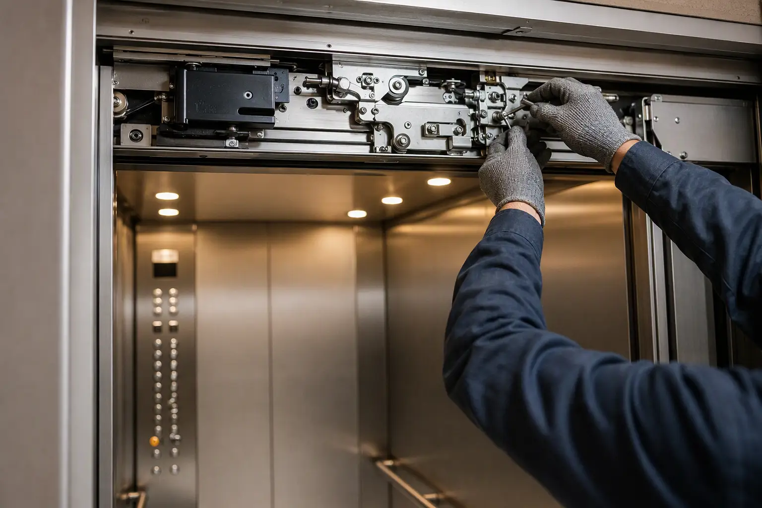 Elevator technician servicing hotel elevator door operator mechanism showing ADA-compliant control panel, part of routine maintenance required under Texas and California hospitality elevator codes