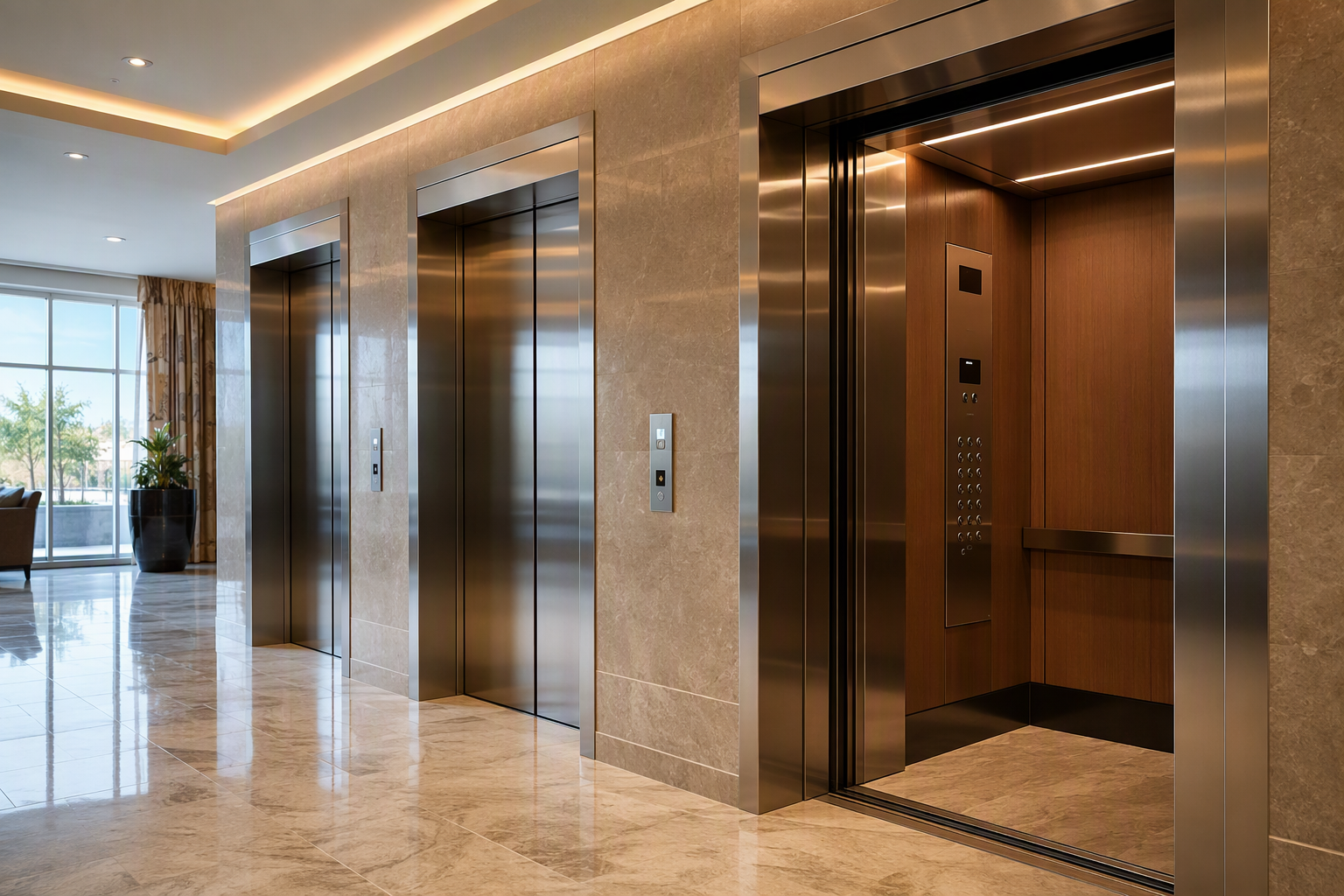 Hotel elevator bank in a Texas or California hospitality building showing modern stainless-steel cabs subject to ASME A17.1 maintenance and inspection requirements
