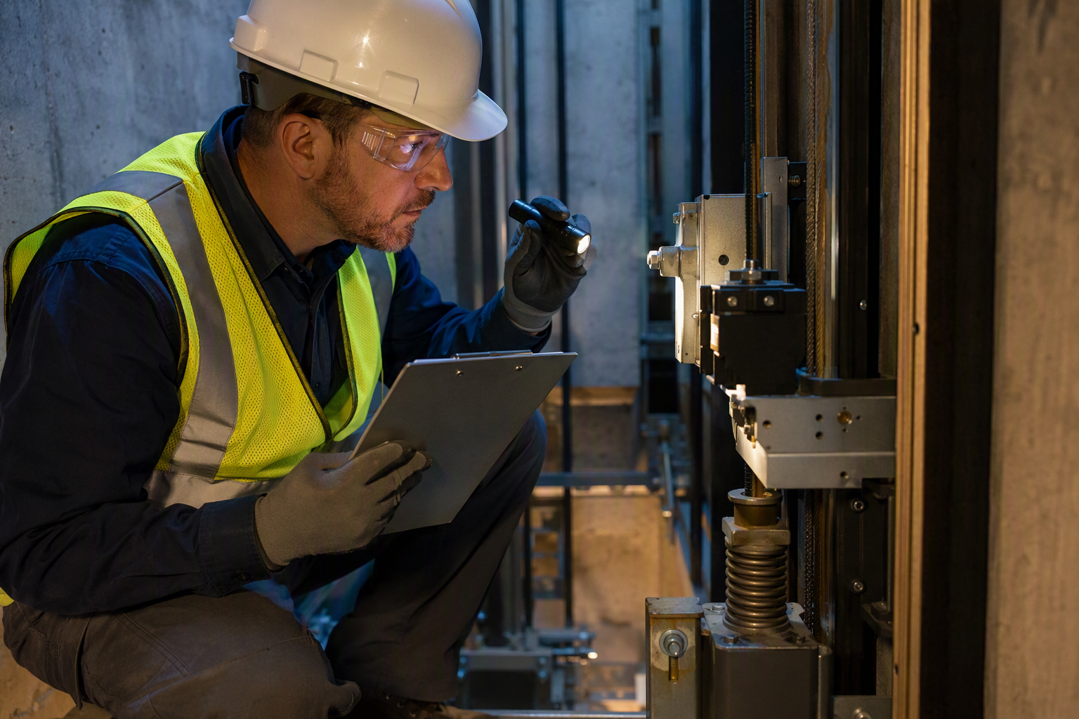 Licensed elevator inspector examining hoistway safety devices during a periodic TDI inspection at a Texas school facility
