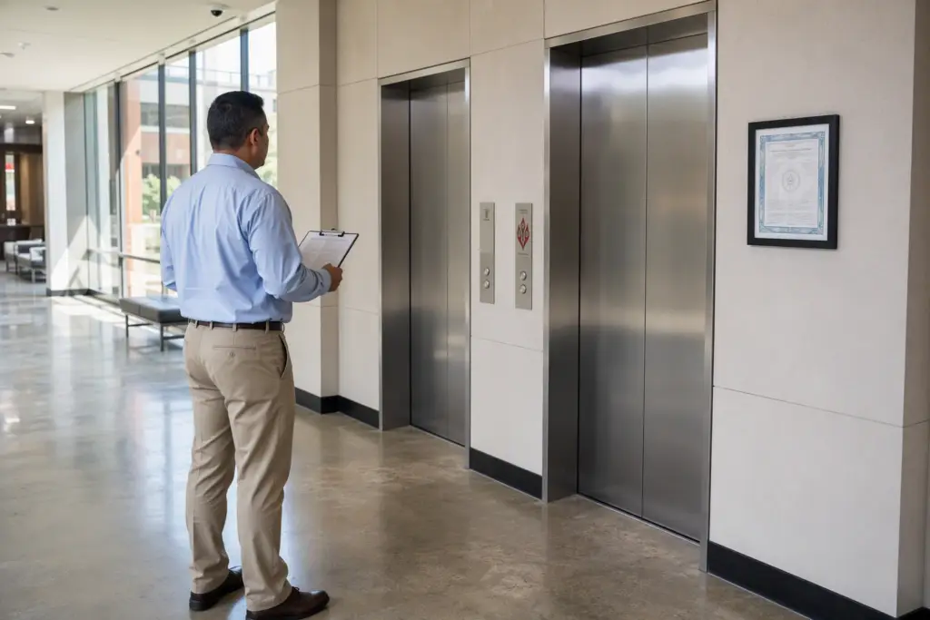 University campus elevator lobby in Texas with ADA-compliant stainless steel elevator doors and a posted TDI Certificate of Compliance on the wall
