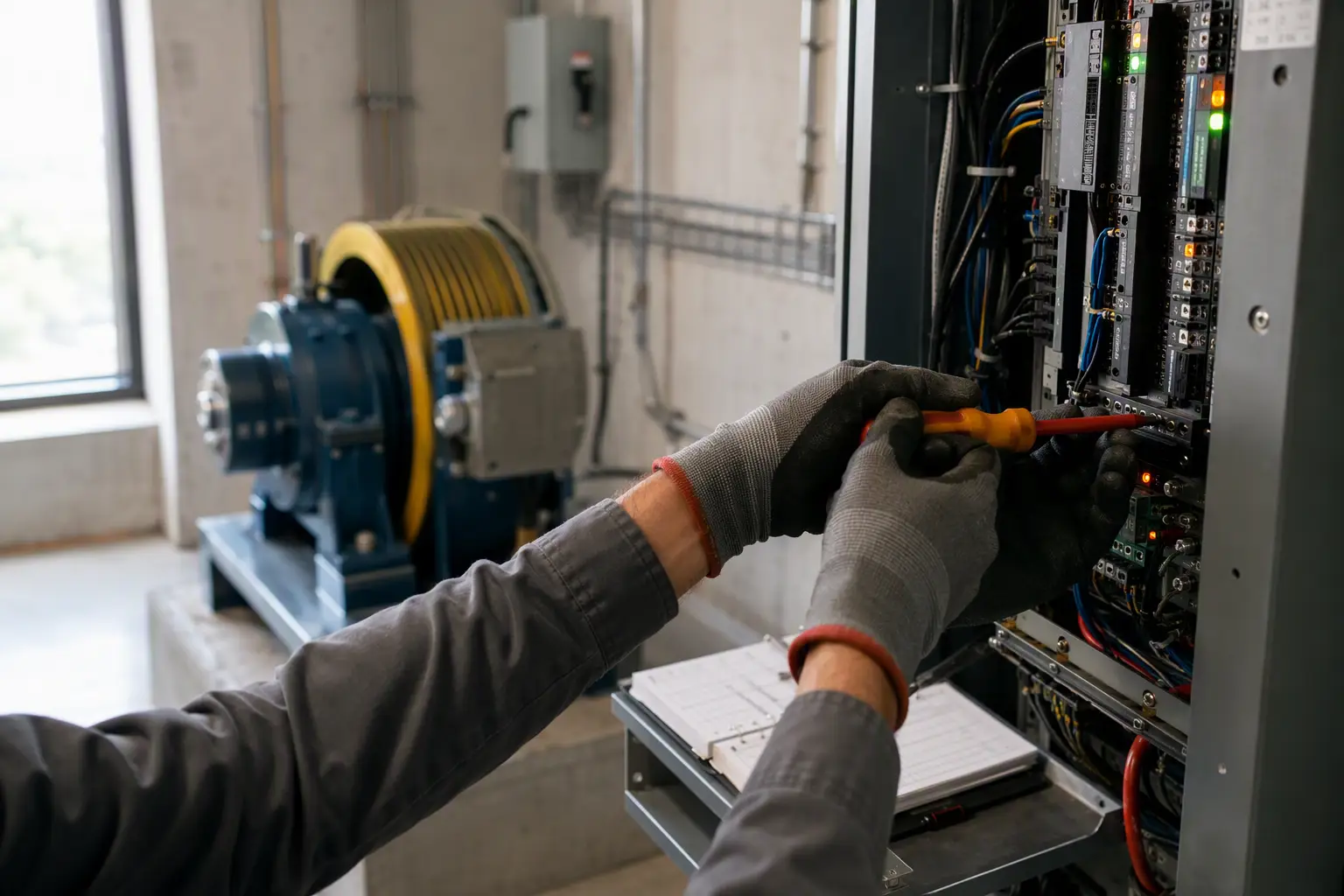 Elevator technician performing scheduled preventive maintenance on a machine room controller at a California university campus
