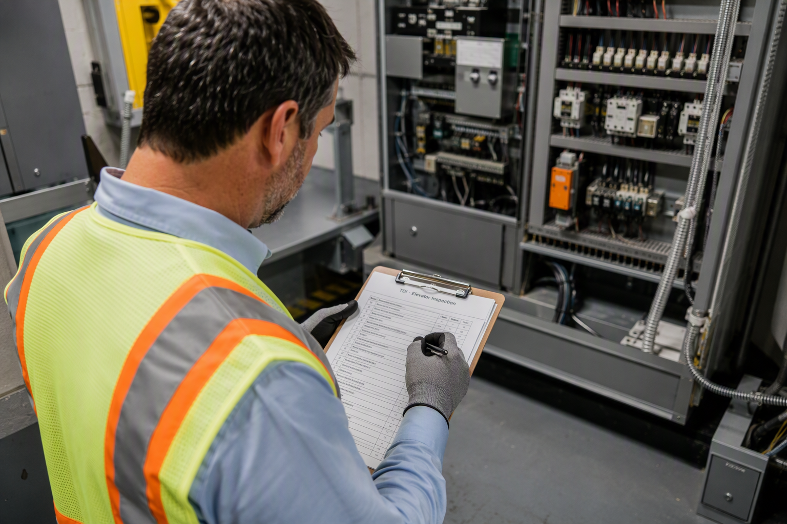 Licensed elevator inspector reviewing inspection checklist beside a traction elevator controller in a Texas senior living facility machine room under TDI compliance requirements