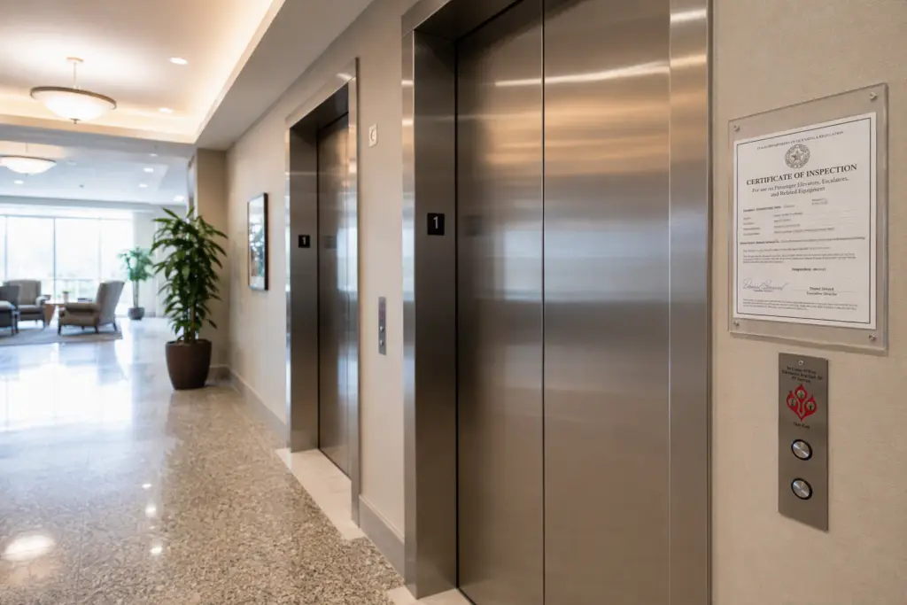 ADA-compliant elevator bank in a Texas senior living facility with stainless-steel doors and posted inspection certificate, meeting ASME A17.1 compliance requirements
