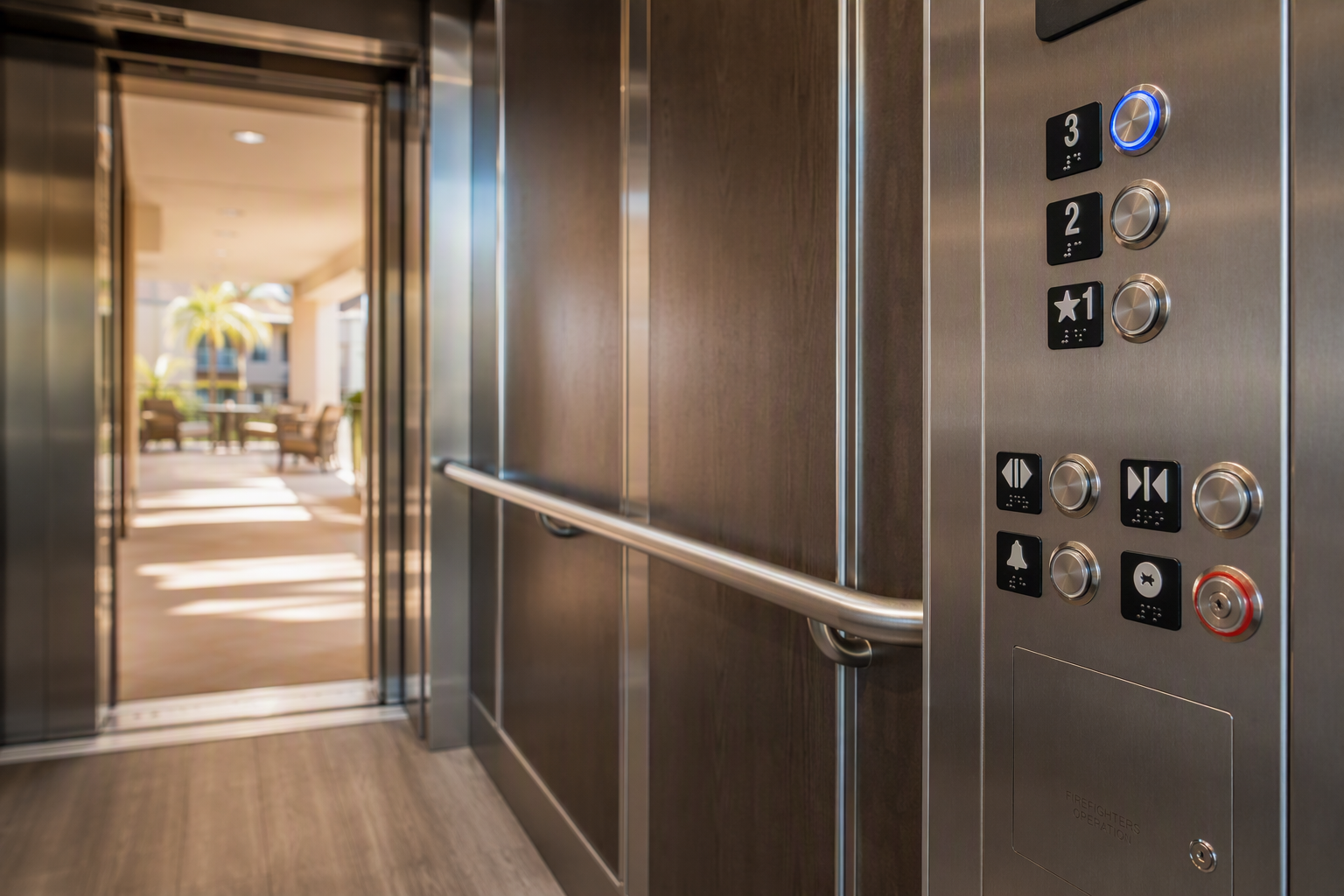 ADA-compliant modernized elevator cab interior in a California assisted living facility, showing tactile Braille control panel and handrail meeting Cal/OSHA and ASME A17.3 requirements