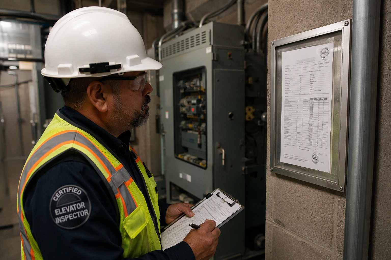 Elevator inspector examining a certificate of inspection mounted in a commercial building machine room, checking for expired or lapsed compliance documentation before a property sale