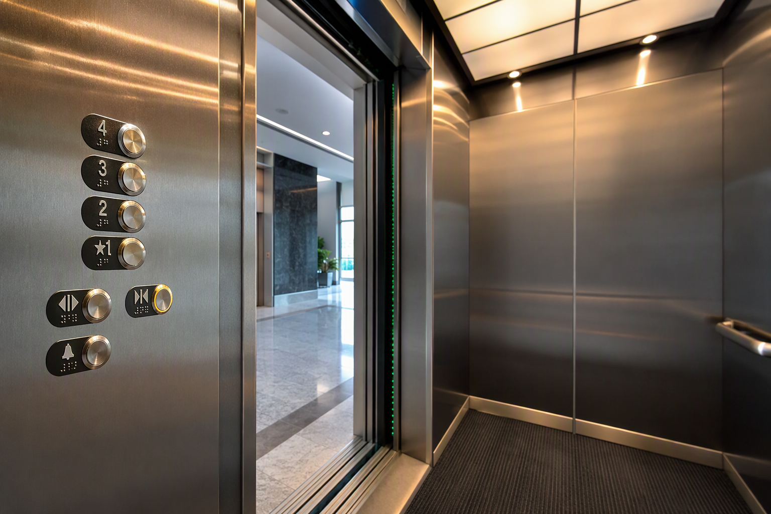 Modernized commercial elevator cab interior with ADA-compliant controls, LED lighting, and updated door sensors meeting ASME A17.3 retrofit requirements for building sale or refinance