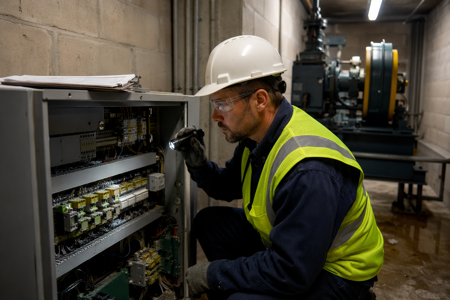 Licensed elevator inspector examining controller wiring inside a commercial machine room during a Texas elevator inspection, checking for ASME A17.1 code compliance deficiencies.
