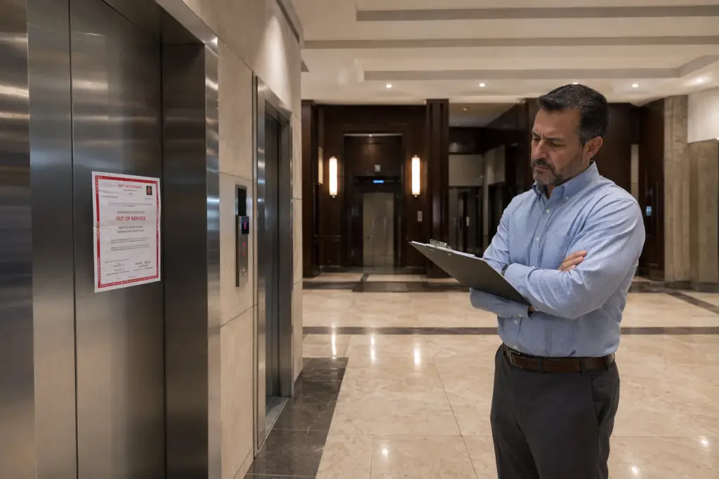 Commercial elevator in Houston office building with an official violation notice posted on the door frame after failing its inspection, facility manager reviewing compliance documents nearby.