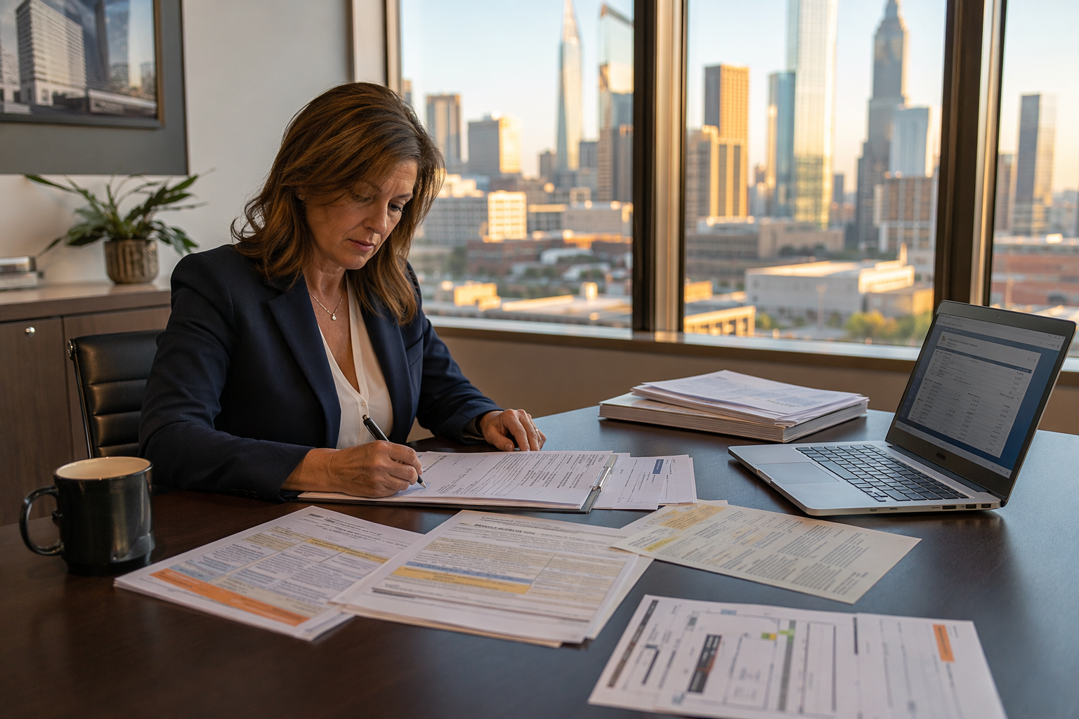 Building manager in Dallas office reviewing elevator violation notice and correction order paperwork to plan step-by-step re-inspection process and restore elevator certificate of operation.