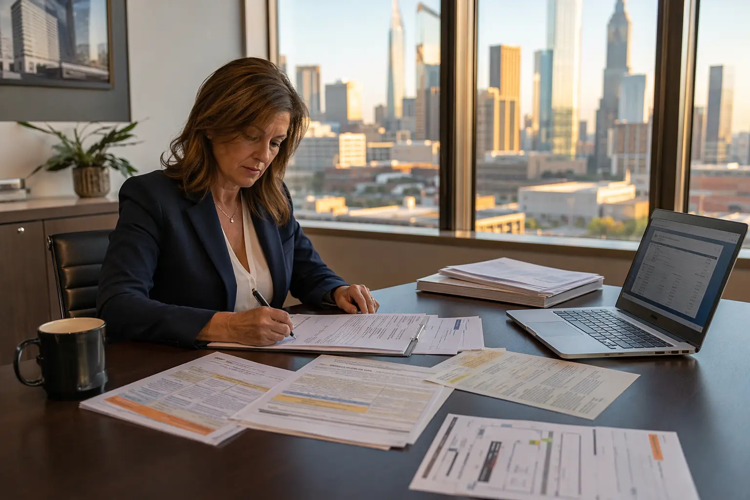 Building manager in Dallas office reviewing elevator violation notice and correction order paperwork to plan step-by-step re-inspection process and restore elevator certificate of operation.