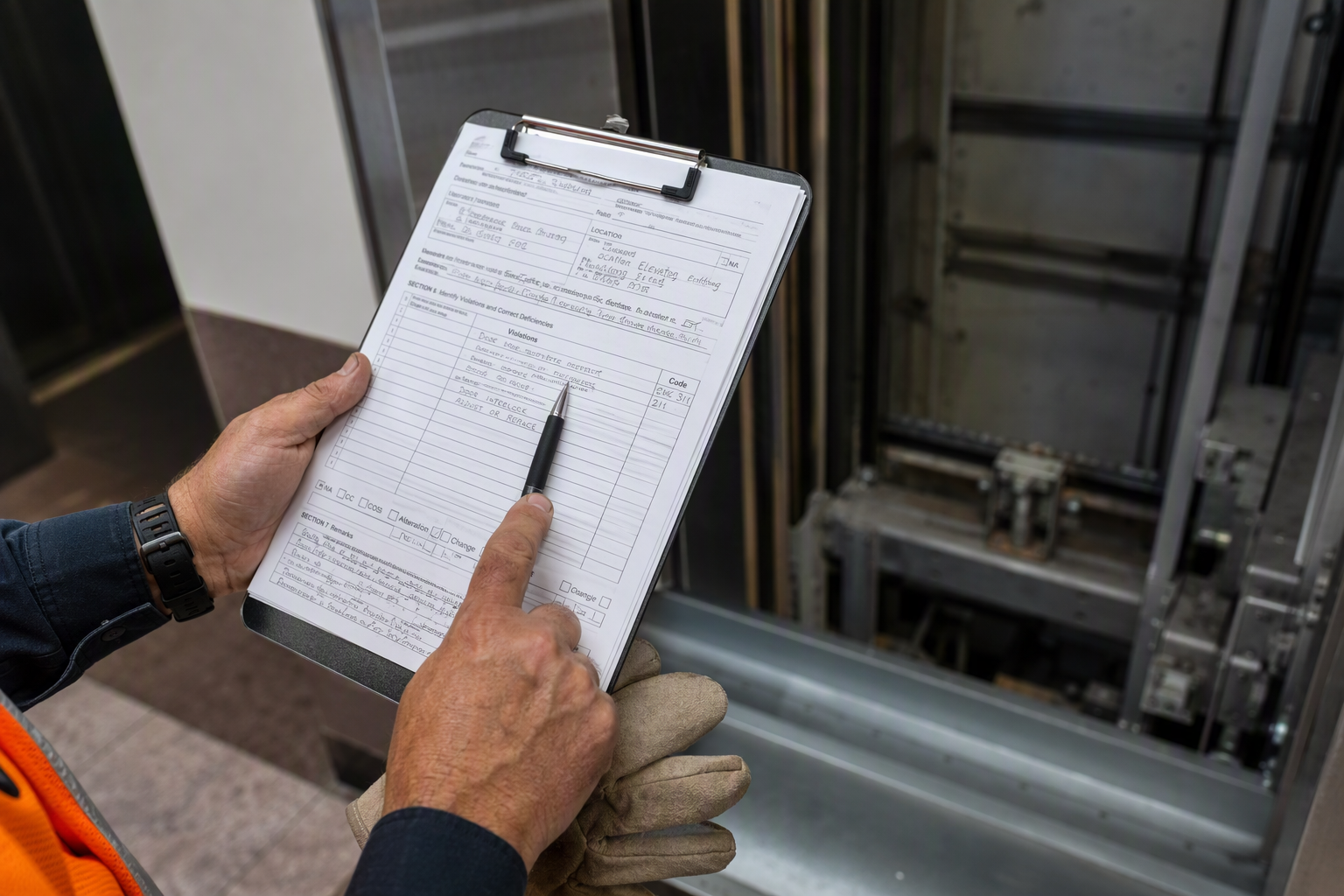 Elevator inspector reviewing a written violation report citing door interlock deficiencies on a clipboard beside an open elevator hoistway door in California